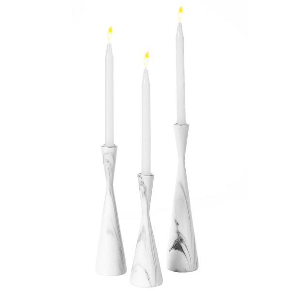 Fabulaxe Marble Resin Candle Holders, Set of 3 Exquisite Decorative Taper Candlesticks, Elegant Accent, White QI004063.WT.3